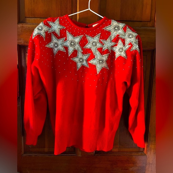 Vintage Sweaters - Vintage Caché Red Star Sequin Sweater 80s Lambswool Angora Knit, Beaded Size L